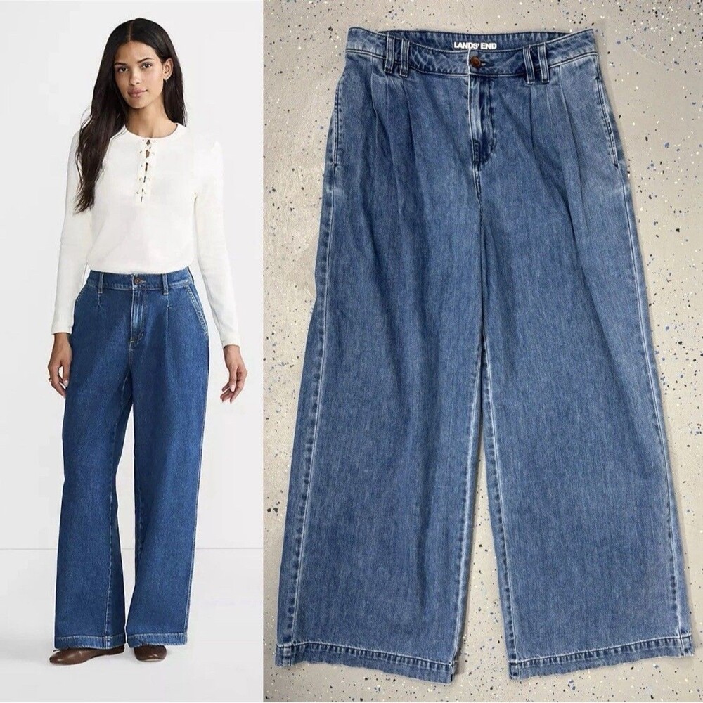 Lands End Pleated Wide Leg Jeans Womens Size 12 Blue Denim High Rise Trouser